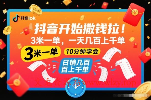 抖音开始撒钱拉，3米一单，一天几百上千单，项目简单，10分钟学会【揭秘】-文龙资源站