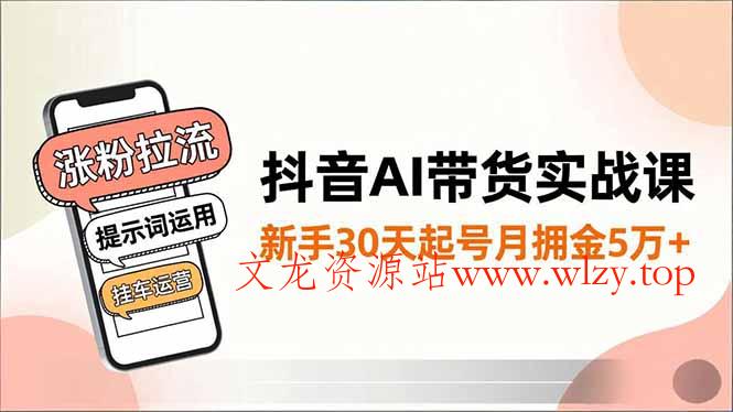 抖音AI带货实战课，涨粉拉流、提示词运用、挂车运营，新手30天起号月佣金5万+-文龙资源站