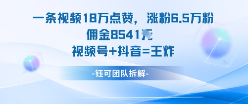 一条视频18W点赞，涨粉6.5W粉佣金8541米，视频号+抖音=王炸-文龙资源站