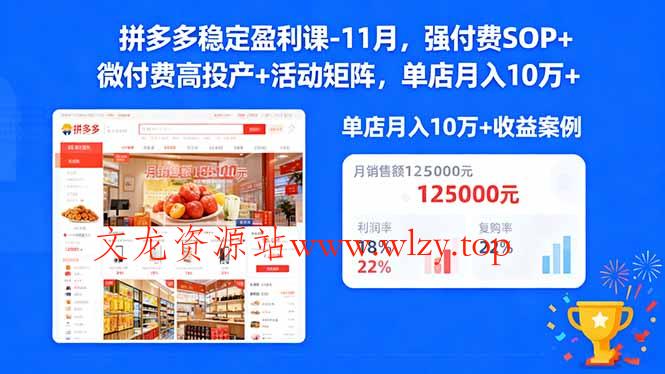 拼多多稳定盈利课-11月，强付费SOP+微付费高投产+活动矩阵，单店月入10w+-文龙资源站