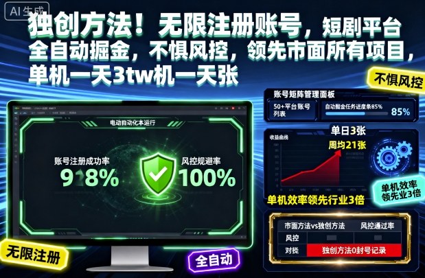 独创方法!无限注册账号,短剧平台全自动掘金,不惧风控,领先市面所有项目,单机一天3张【揭秘】-文龙资源站