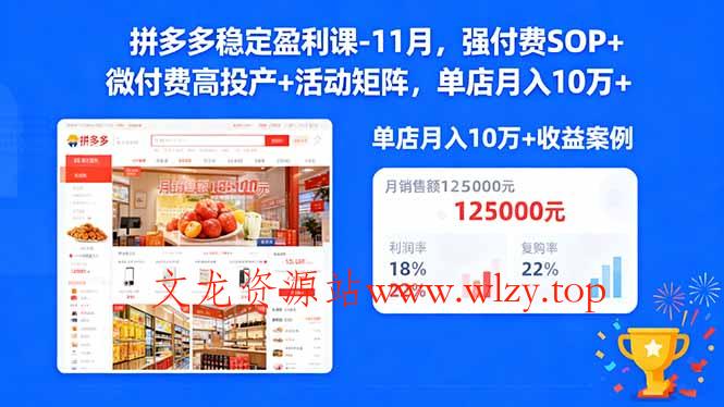 拼多多稳定盈利课-11月,强付费SOP+微付费高投产+活动矩阵,单店月入10万+-文龙资源站