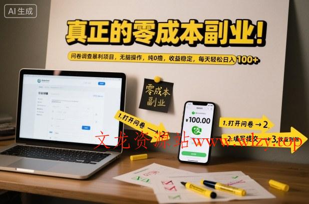 真正的零成本副业！问卷调查暴利项目，无脑操作，纯0撸，收益稳定，每天轻松日入100+【揭秘】-文龙资源站