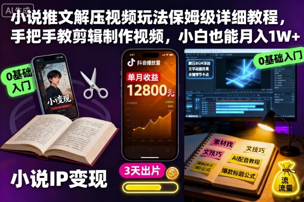 小说推文解压视频玩法保姆级详细教程，手把手教剪辑制作视频，小白也能月入1W+-文龙资源站