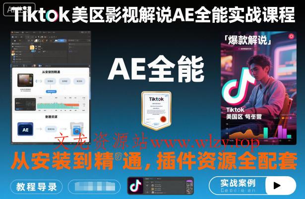 Tiktok美区影视解说AE全能实战课程：从安装到精通，插件资源全配套，TK影视解说必学-文龙资源站