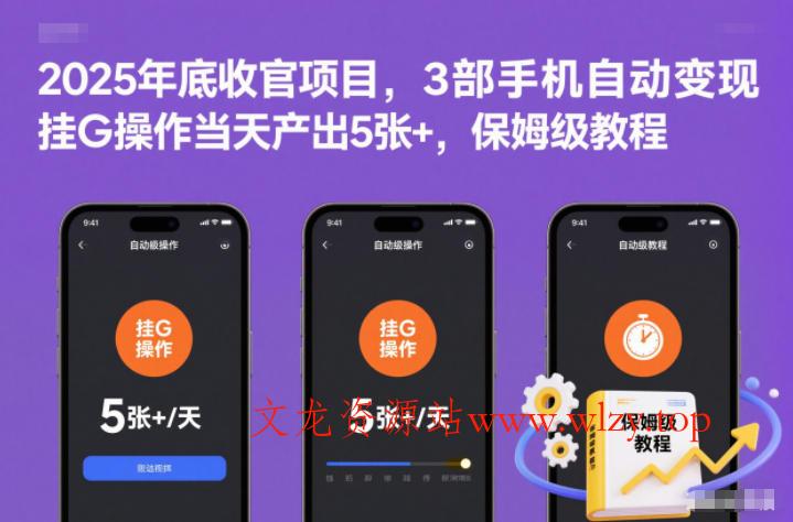 2025年底收官项目，3部手机自动变现，挂G操作当天产出5张+，保姆级教程【揭秘】-文龙资源站