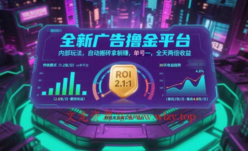 全新广告撸金平台，内部玩法，自动搬砖拿躺賺，单号一天保底2张+，全天两倍收益【揭秘】-文龙资源站