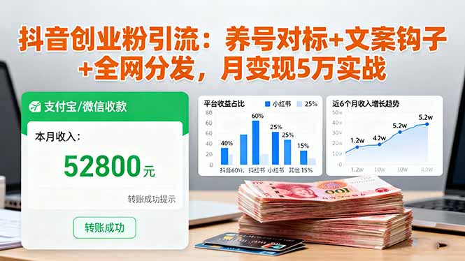 抖音创业粉引流：养号对标+文案钩子+全网分发，月变现5万实战-文龙资源站