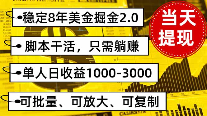 稳定8年美金掘金2.0脚本干活，只需躺赚。单人日收益1000-3000可批量、…-文龙资源站