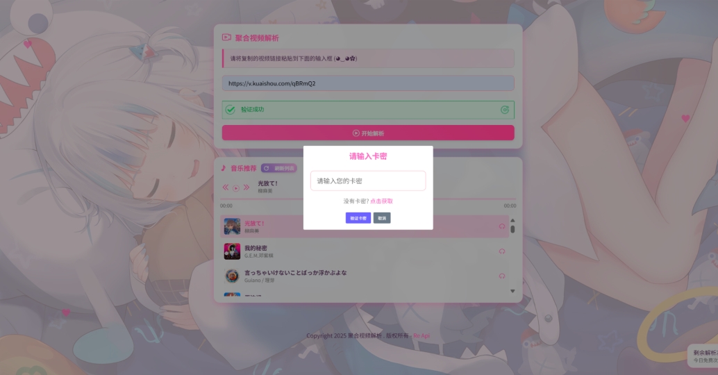 二次元短视频解析系统带卡密验证 智能视频分析 全新二次元聚合视频解析-文龙资源站