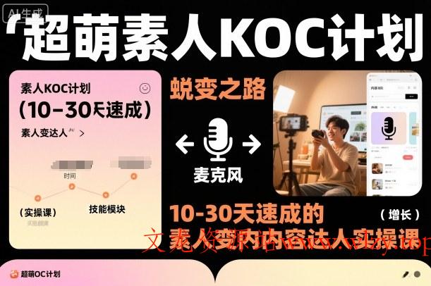 超萌素人KOC计划,10-30天速成的素人变内容达人实操课,适合想做短剧小说推文电商推广的素人入局
